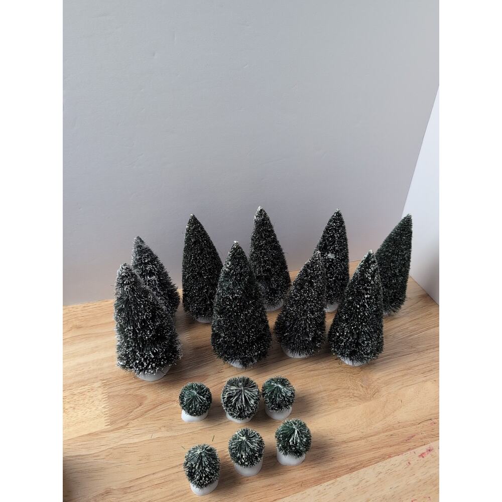 Lot of 15 Department 56 Frosted Flocked Evergreen 9 trees, 6 Sisal Bushes - Picture 2 of 7